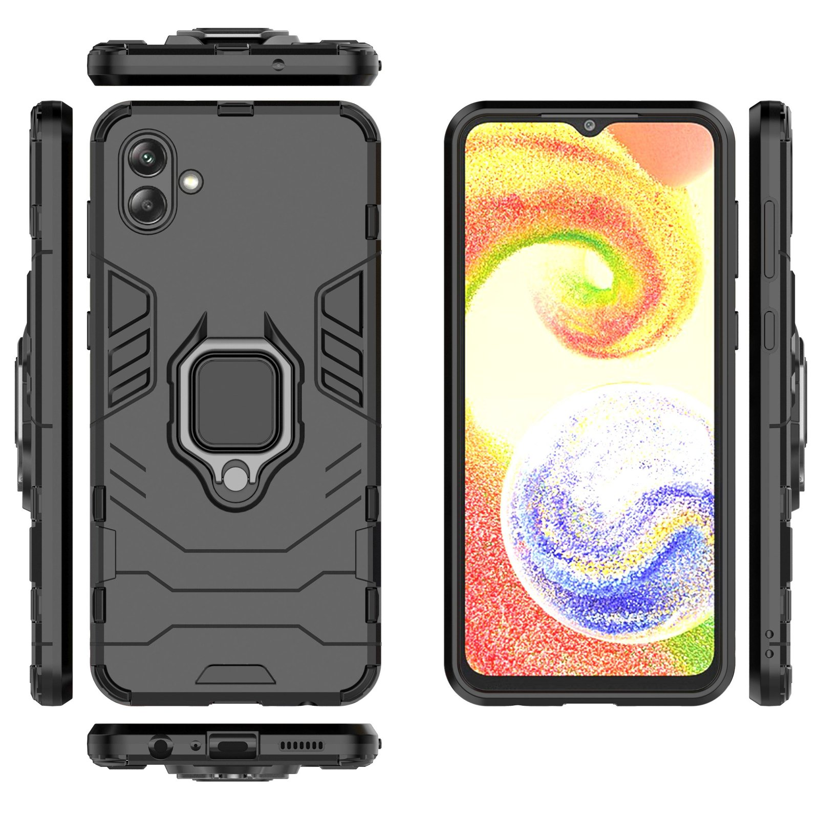 Una funda de teléfono con soporte de anillo y diseño protector, mostrando el teléfono desde múltiples ángulos.