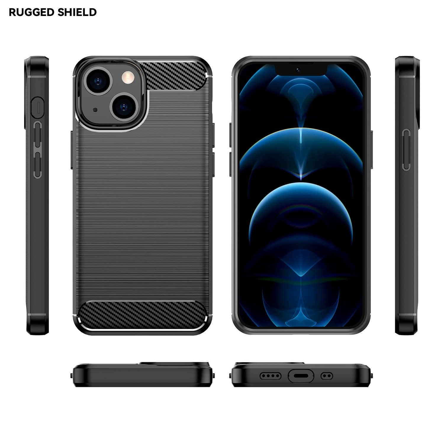 Funda negra con diseño de fibra de carbono, mostrando los lados del teléfono.