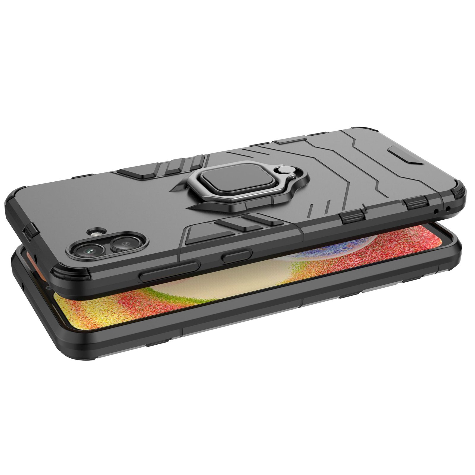 Fundas negras para teléfono con soporte de anillo. Una funda abierta.