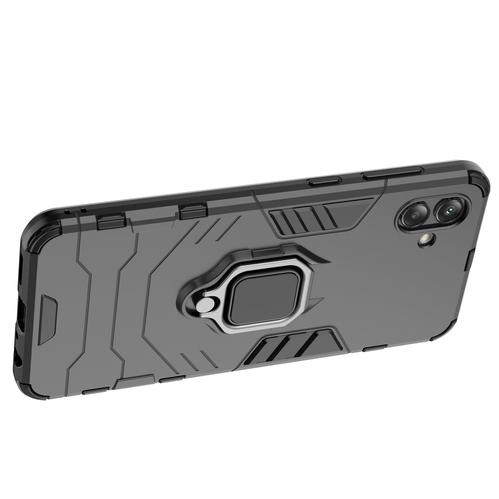 Funda negra para teléfono con soporte de anillo. El teléfono está en la funda. La funda está acostada.