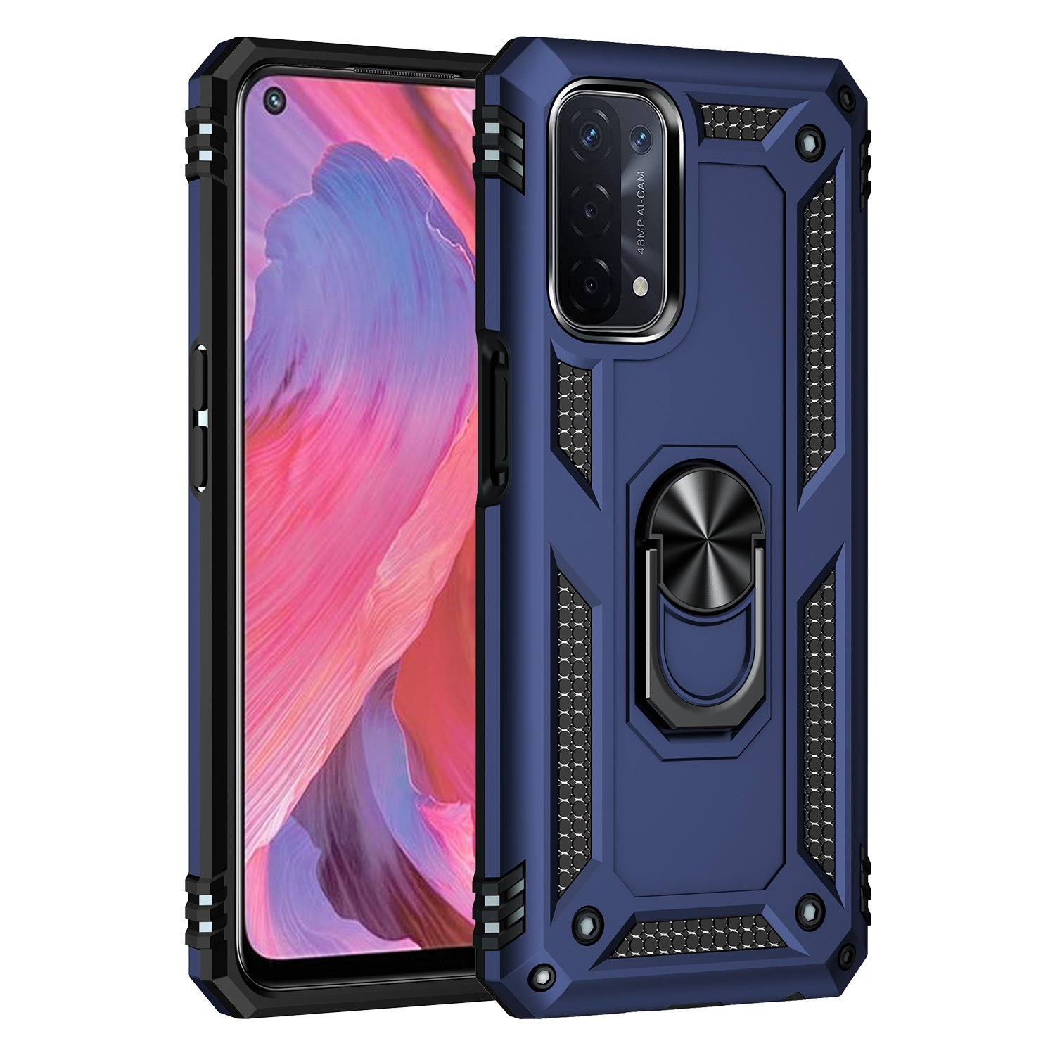 Una funda azul para teléfono con un teléfono negro dentro. Tiene un soporte de anillo y un recorte de cámara.