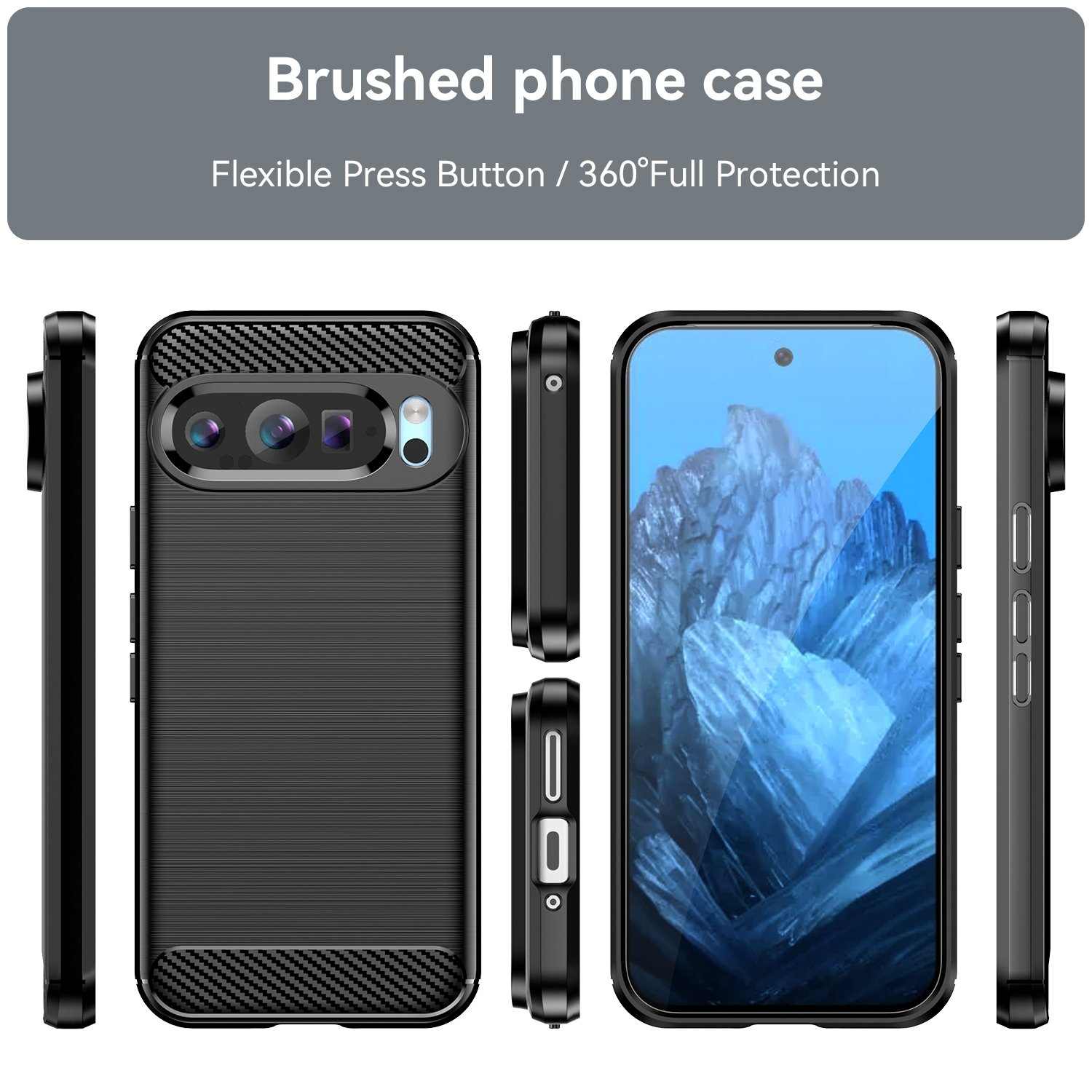 Funda negra. La pantalla muestra una imagen azul y blanca. Texto: Funda cepillada.