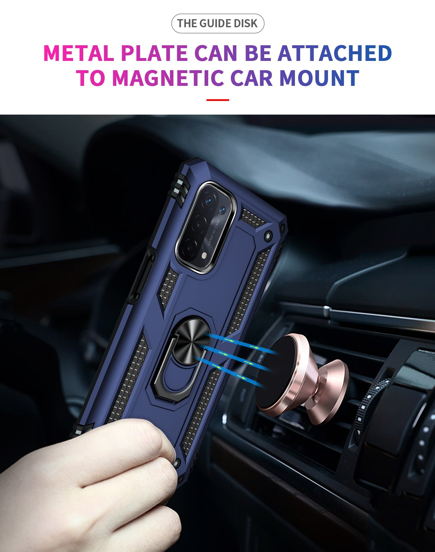 Funda azul para teléfono en un soporte para coche. La funda tiene un soporte de anillo. Interior del coche visible.