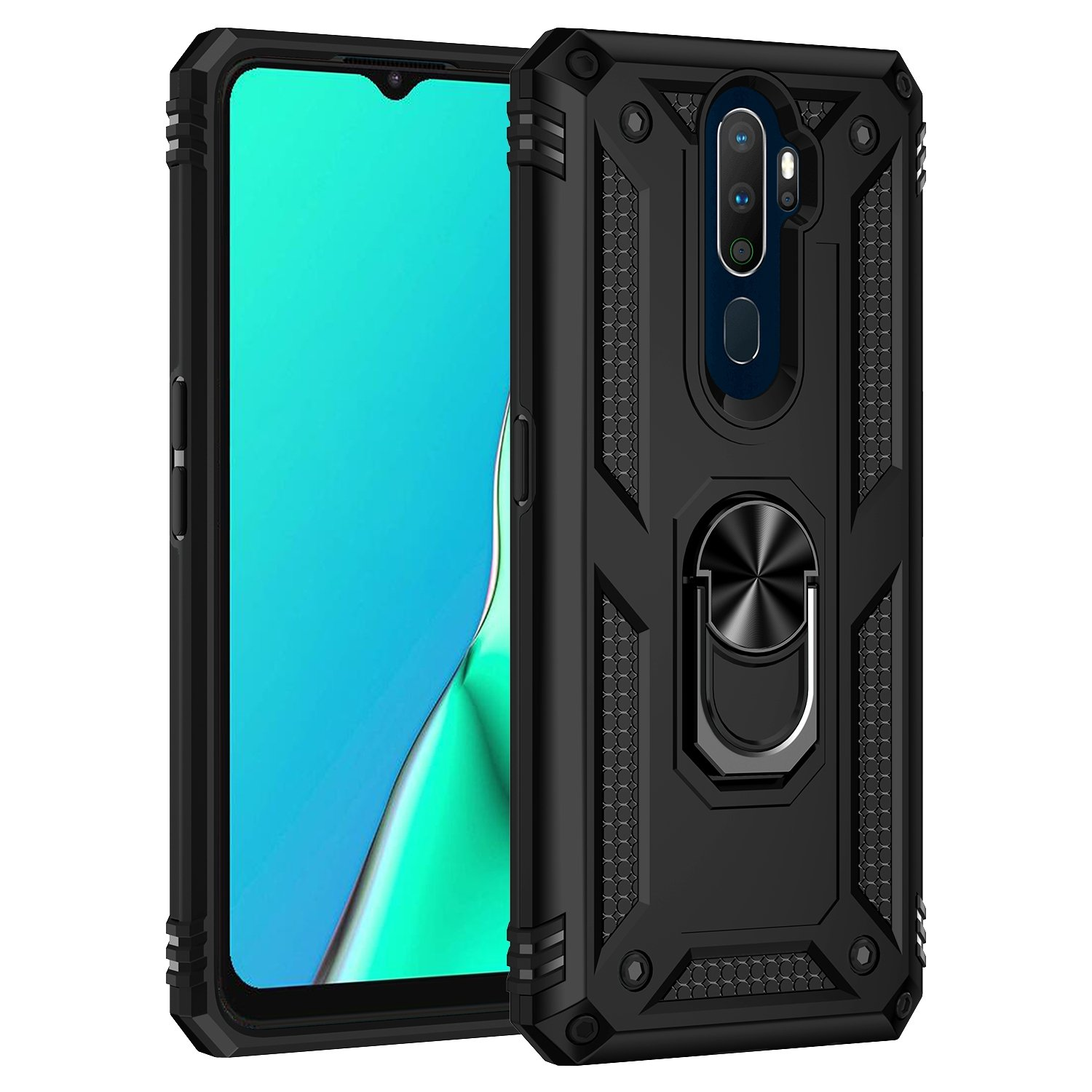 Una funda de teléfono negra con soporte de anillo, junto a un teléfono.