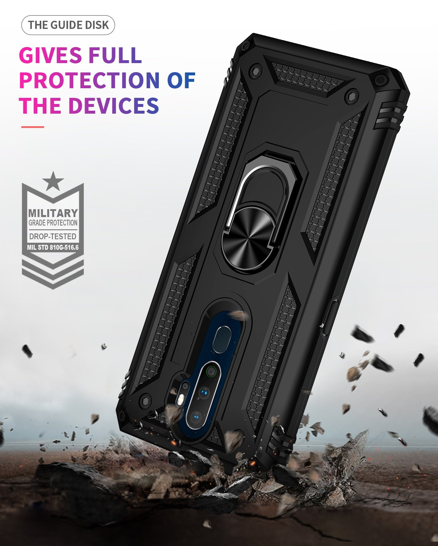 Funda de teléfono con soporte de anillo, en ángulo y en movimiento, destacando protección militar y pruebas.