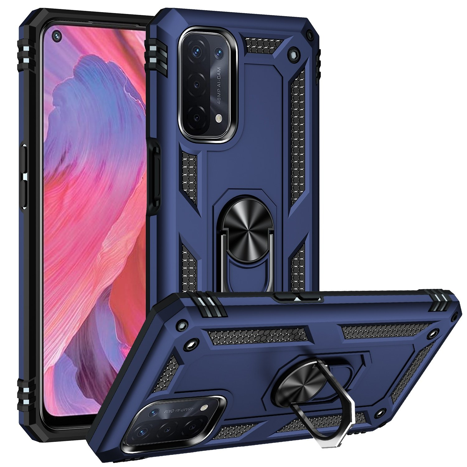 Funda de teléfono azul con anillo, pantalla del teléfono visible, fondo azul oscuro.