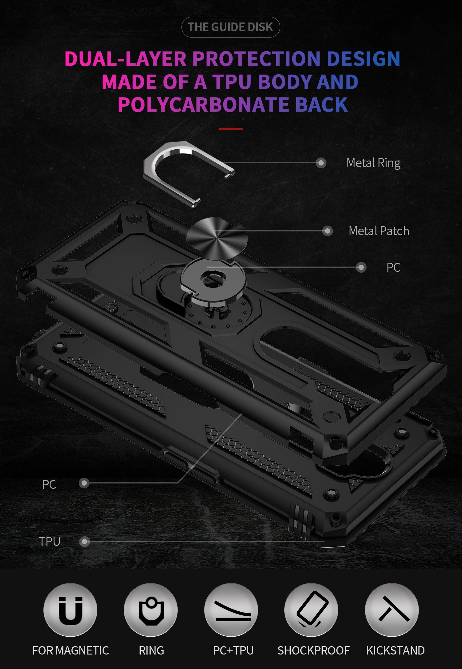 Diagrama de la funda del teléfono con anillo metálico, PC y TPU etiquetados. Fondo negro. Gráfico.
