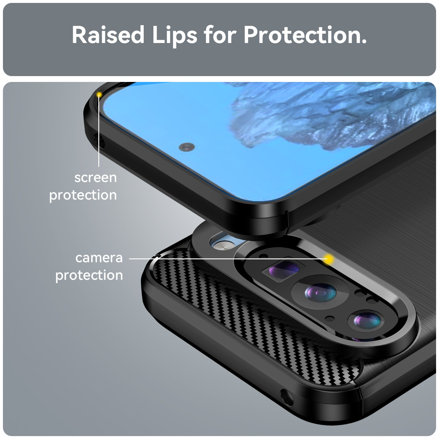 Funda con protección de pantalla y cámara. Bordes elevados para pantalla y cámara.