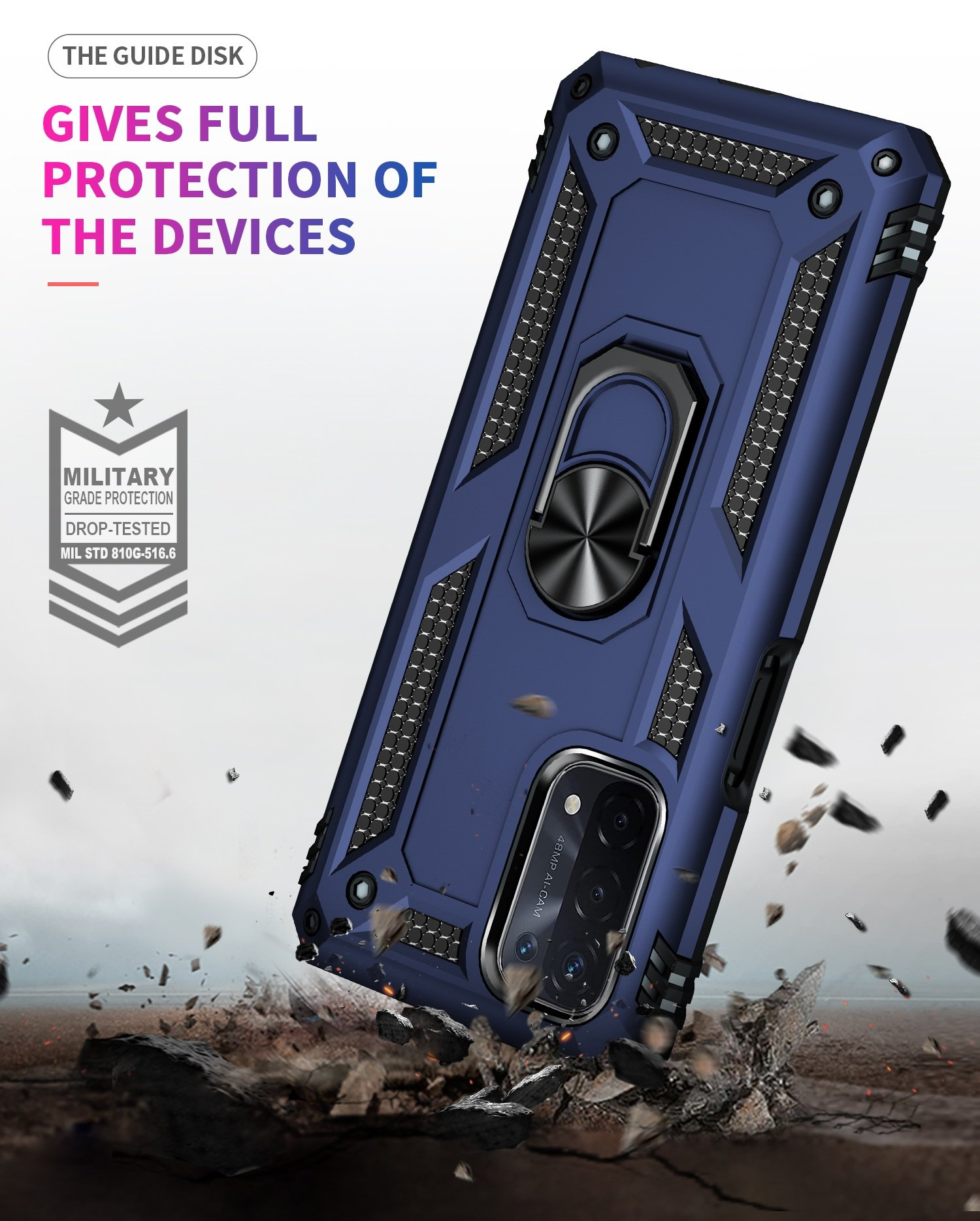 Funda de teléfono azul con soporte de anillo, colocada sobre un lecho de rocas. Un texto indica la protección completa del dispositivo.