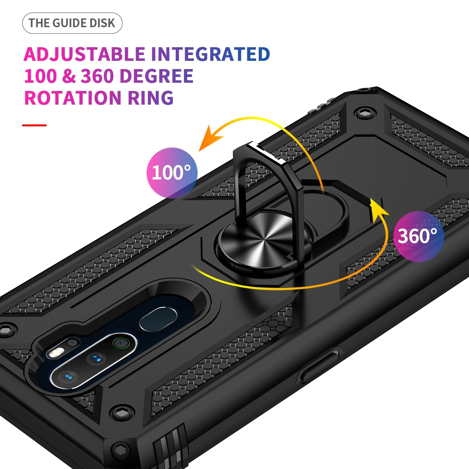 Funda negra para teléfono con soporte de anillo. Flechas muestran rotación de 100 y 360 grados. Fondo blanco.
