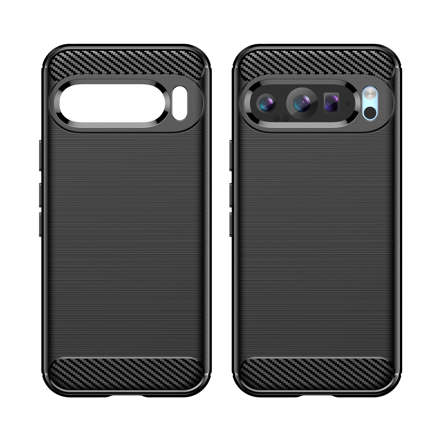 Dos fundas negras para teléfono. Una muestra la parte trasera, la otra el frente con recortes para cámara.