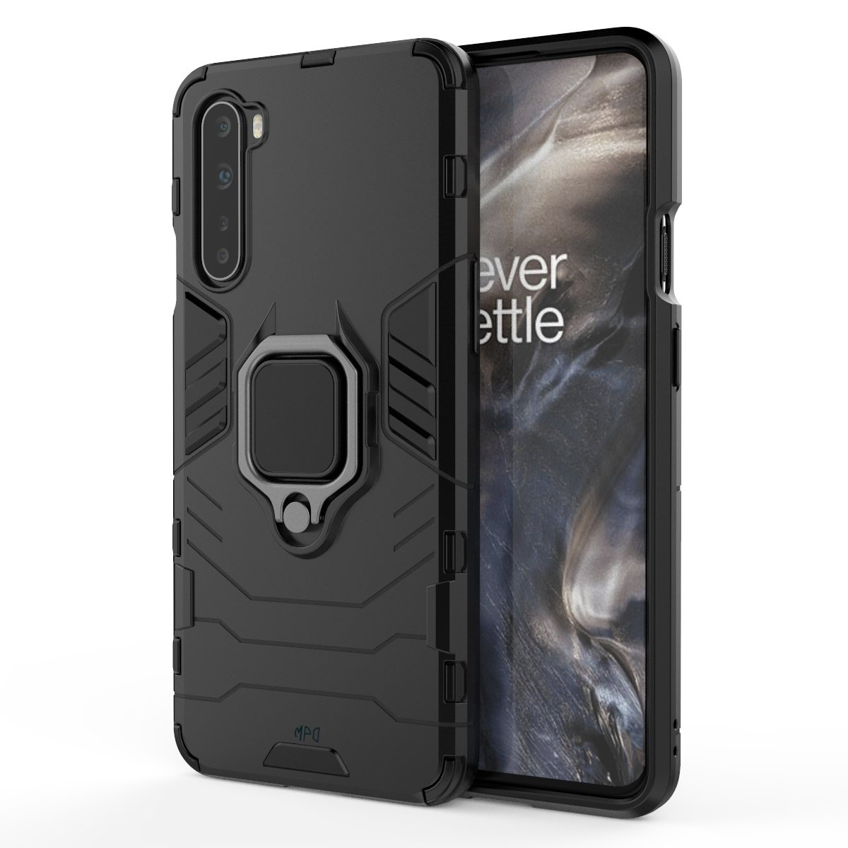 Funda negra con teléfono. Tiene anillo, el teléfono muestra su pantalla.