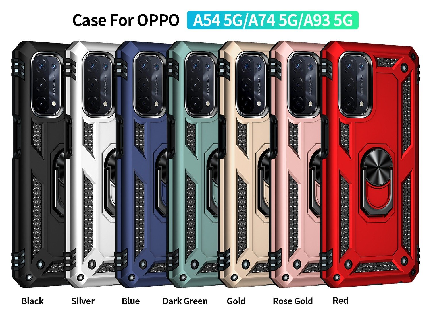 Múltiples fundas en diferentes colores con anillos y texto 'Case For OPPO'.