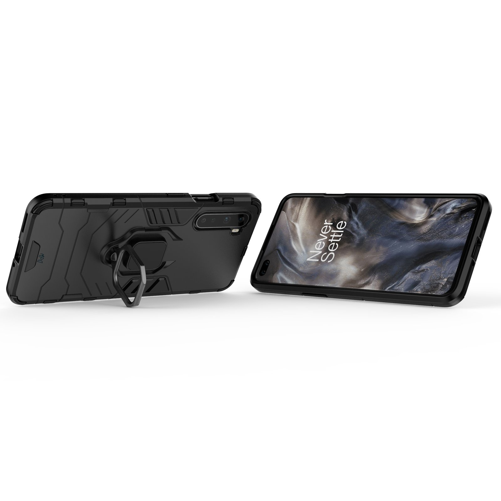 Dos fundas negras para teléfono. Una tiene pantalla, la otra muestra la parte trasera con soporte en blanco.