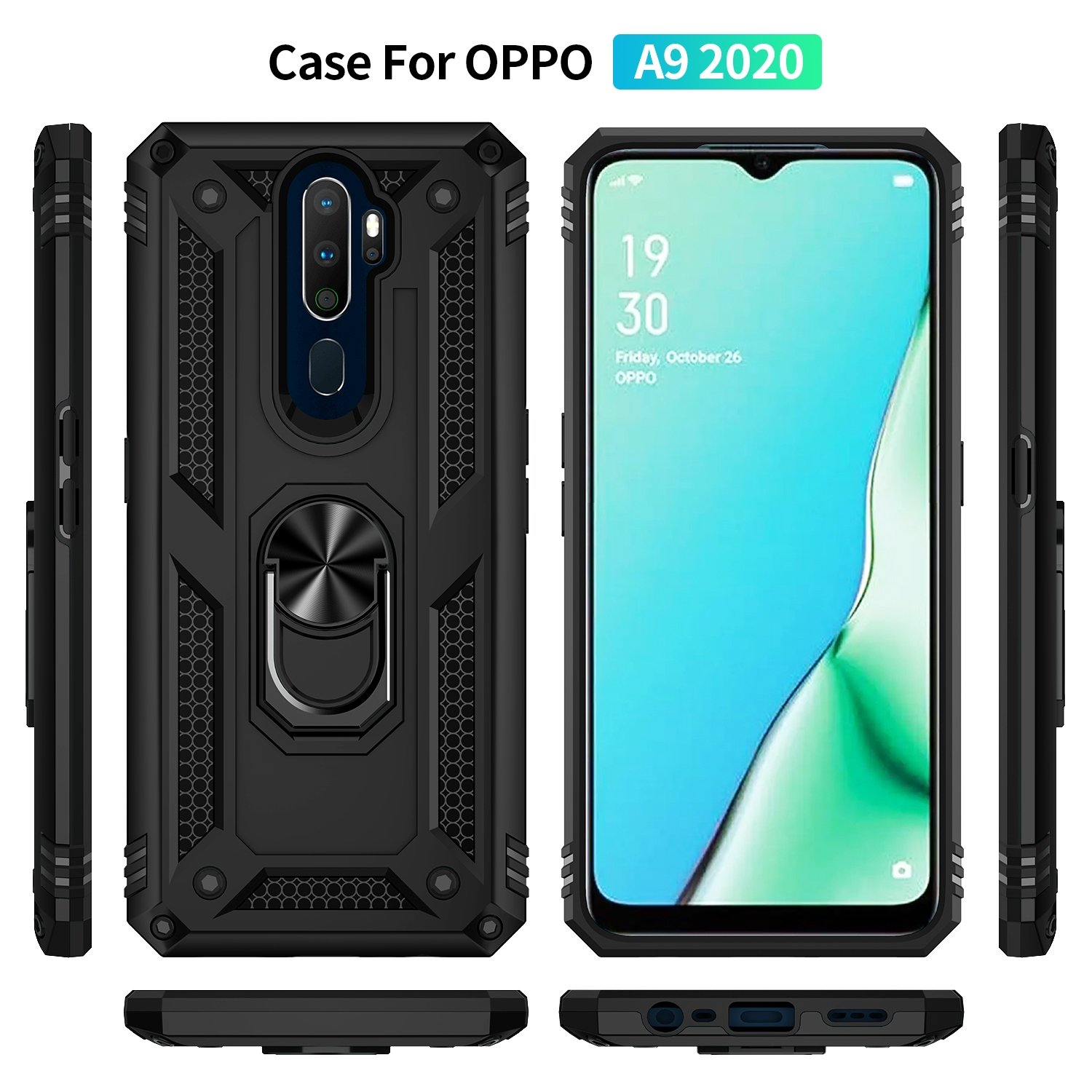 Teléfono con funda y anillo. Texto: Case for OPPO A9 2020. Fondo negro.
