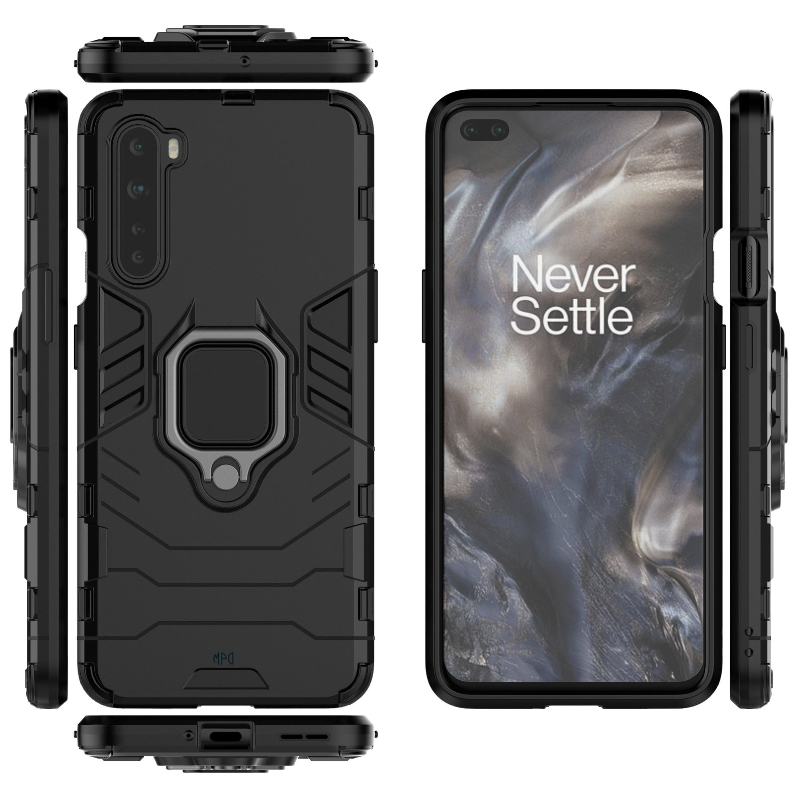 Funda de teléfono desde diferentes ángulos. Funda negra con anillo y teléfono. Fondo blanco.
