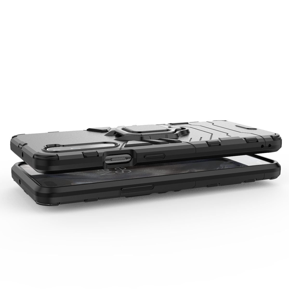 Funda negra para teléfono con soporte de anillo. El teléfono está dentro de la funda. El teléfono está tumbado.