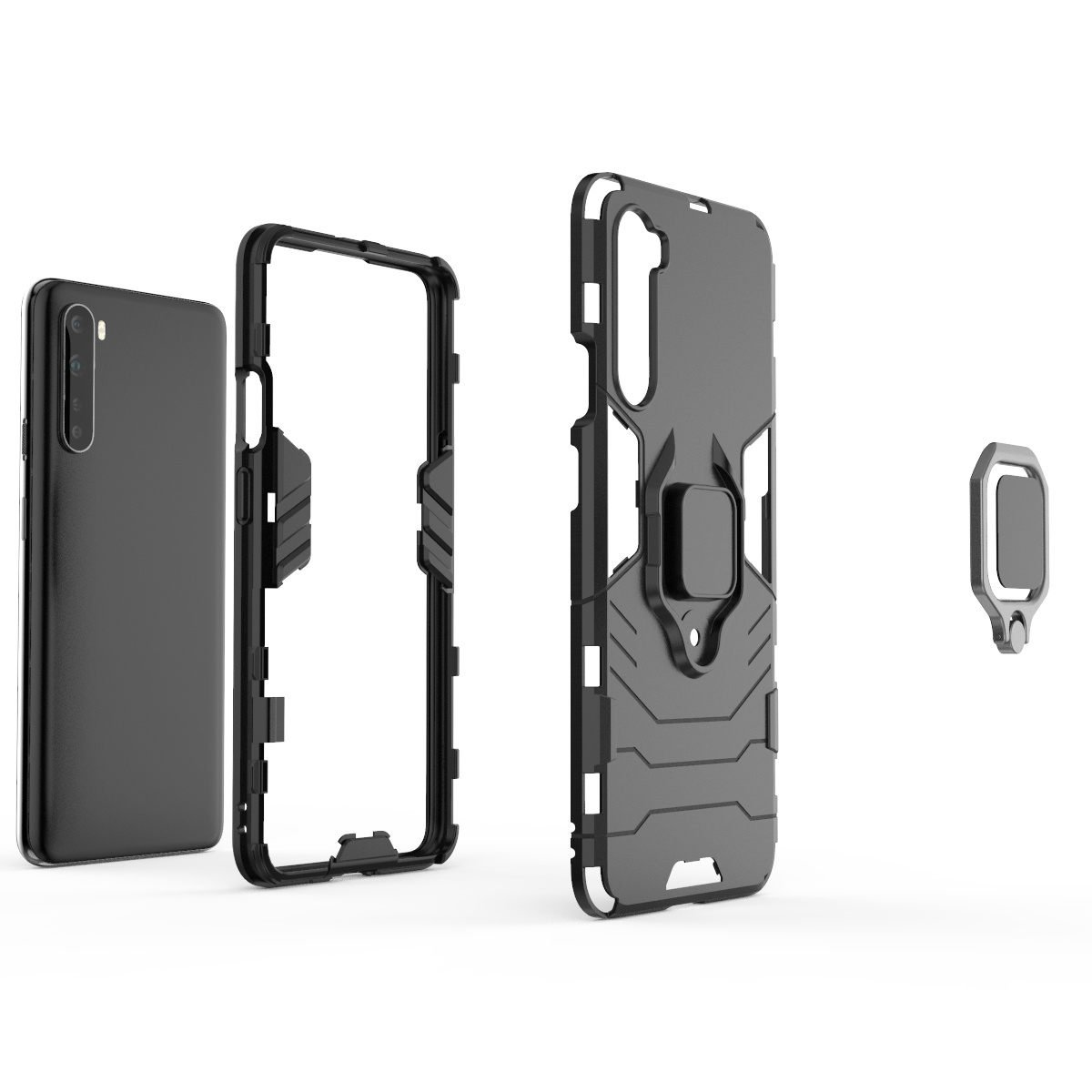 Partes de funda negra para teléfono: teléfono, marco, tapa trasera y soporte de anillo. Fondo blanco.
