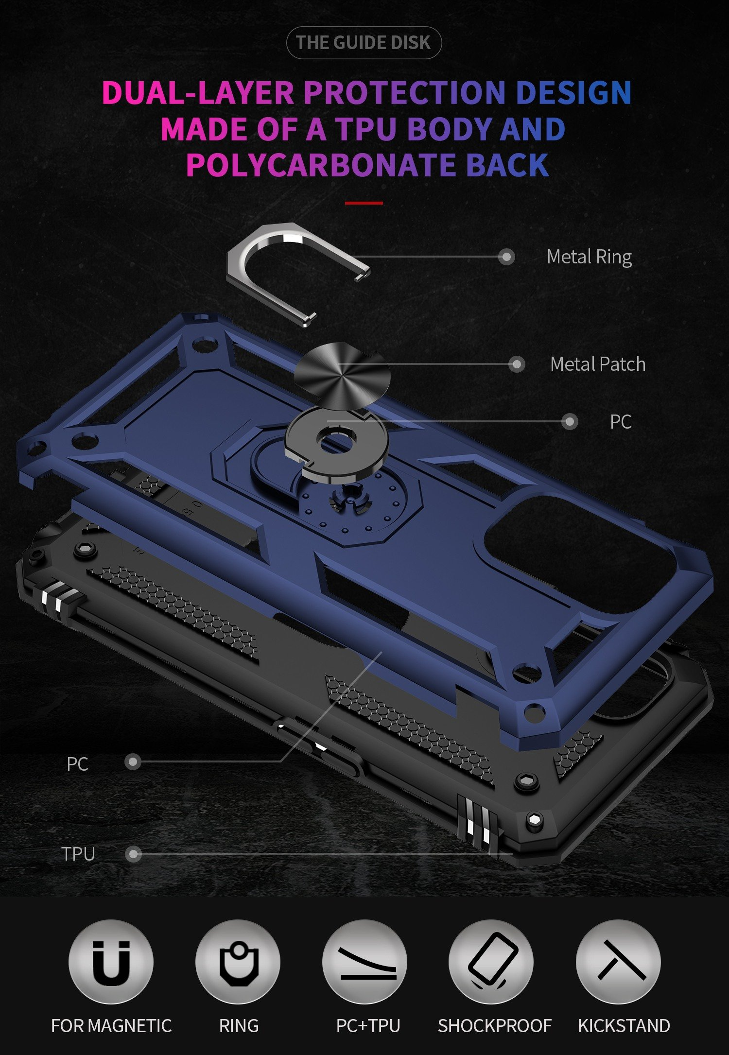 Funda de teléfono con diagrama de anillo y piezas. El diagrama muestra una funda azul y piezas del teléfono.