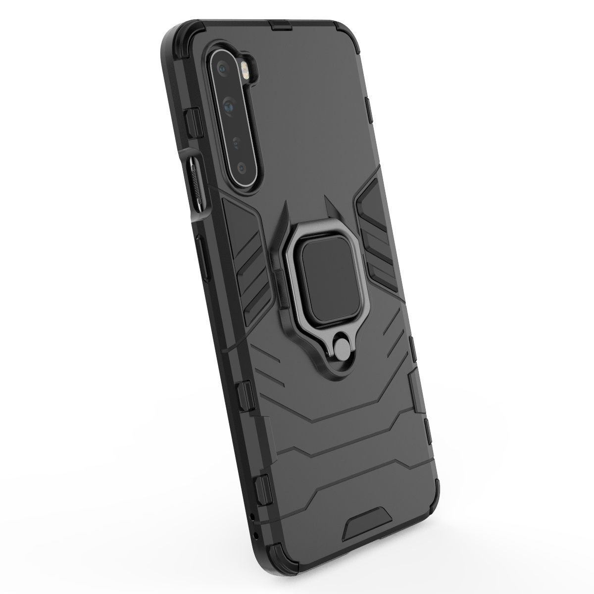 Funda de teléfono negra con soporte de anillo. Vista en ángulo. Fondo blanco.