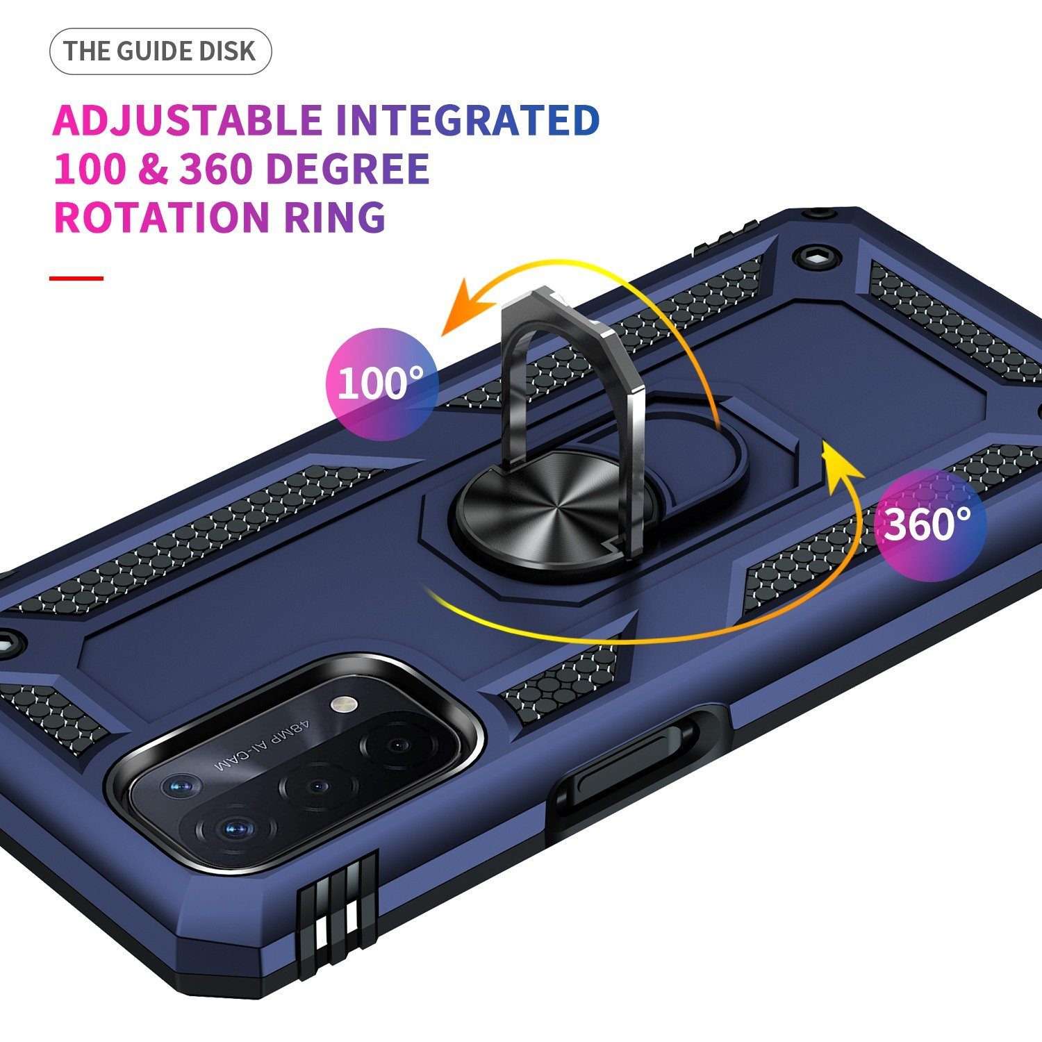 Funda de teléfono azul con soporte de anillo. Texto: Anillo de rotación integrado ajustable 100 y 360 grados.