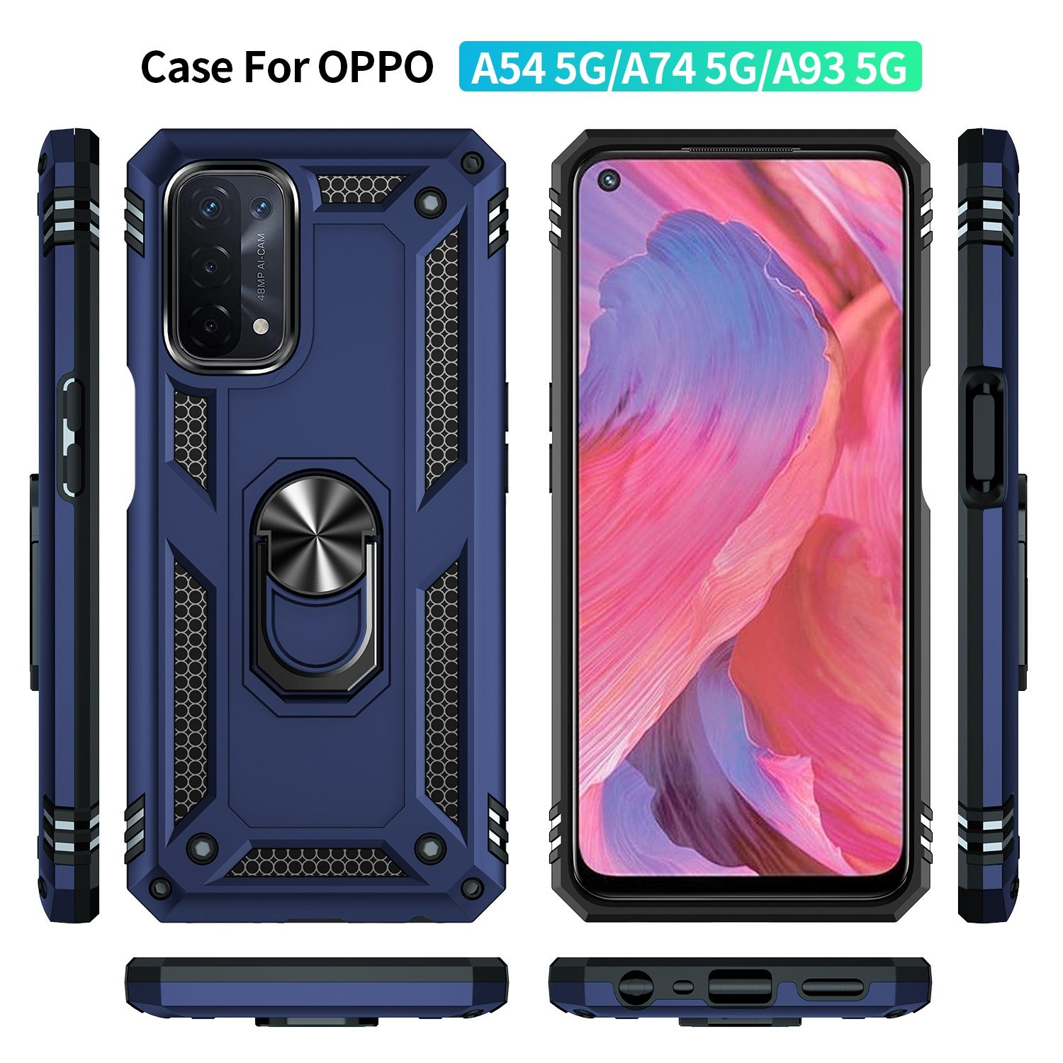Funda azul para teléfono con soporte de anillo, diseñada para un teléfono Oppo. Múltiples vistas de la funda.