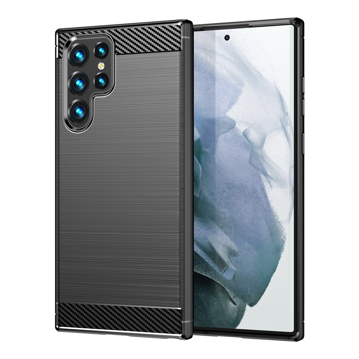 Funda negra con diseño de fibra de carbono, con un teléfono que muestra una pantalla azul y blanca.