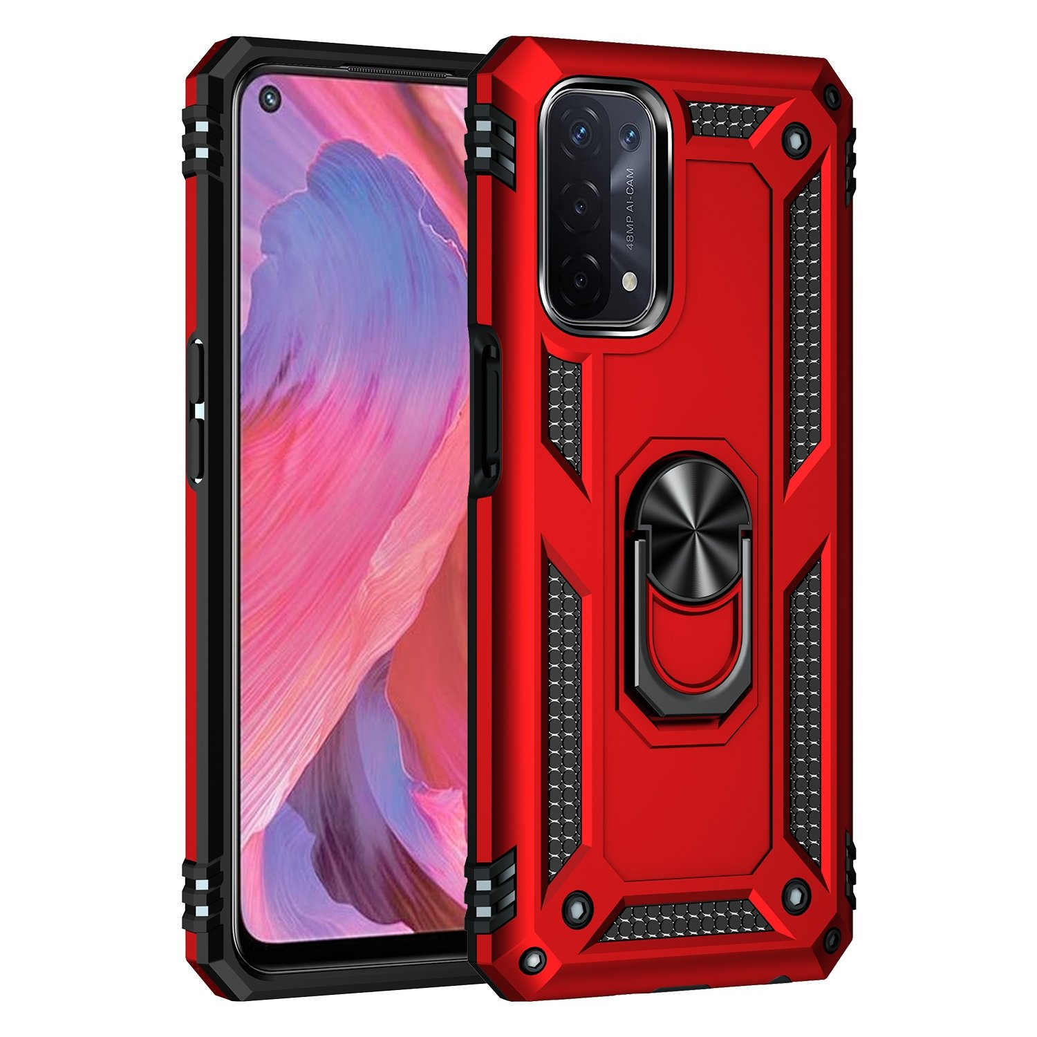 Funda roja y negra en superficie blanca con teléfono dentro, con soporte de anillo.