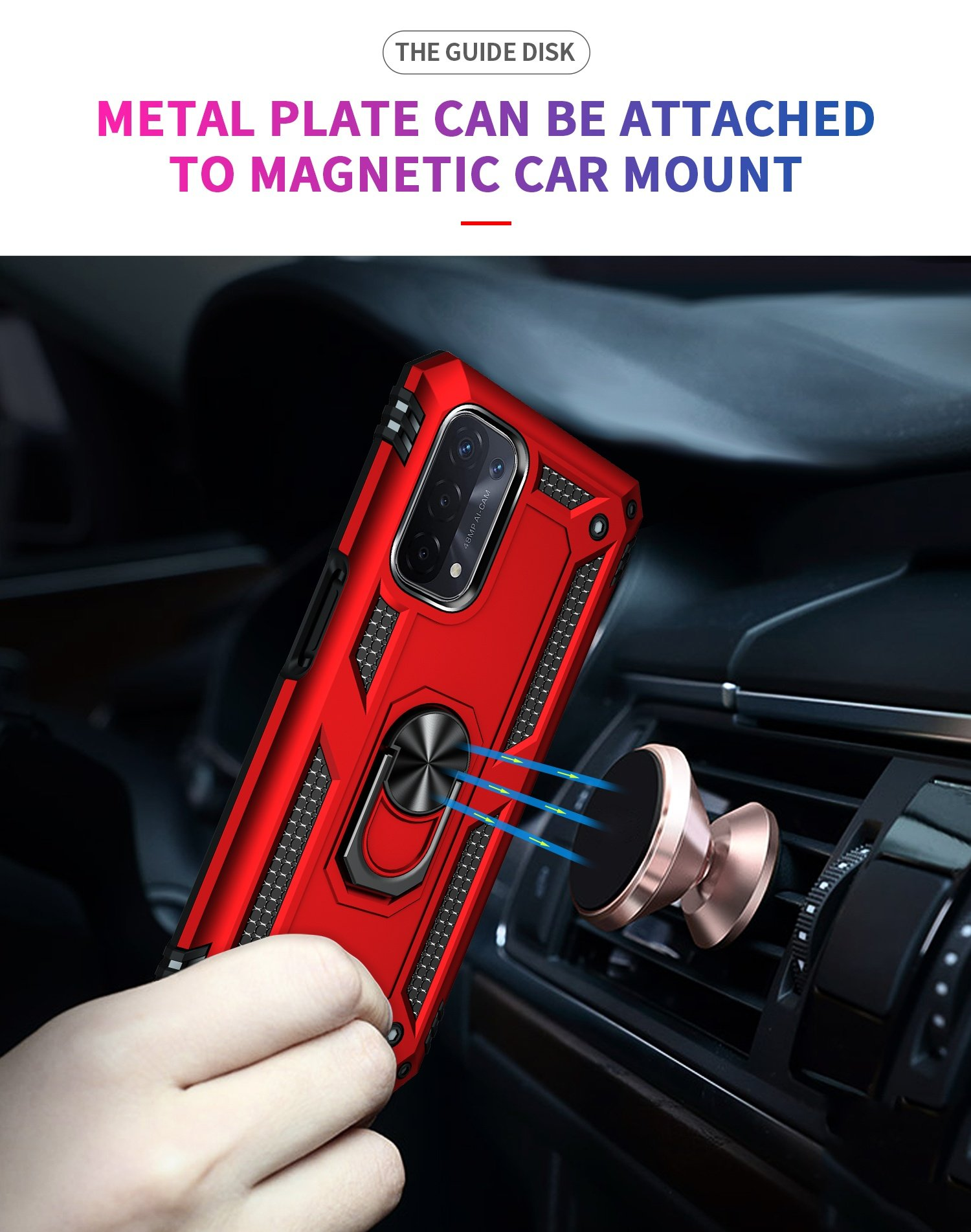 Funda de teléfono roja con soporte de anillo en soporte de coche, texto: placa de metal se puede adjuntar.