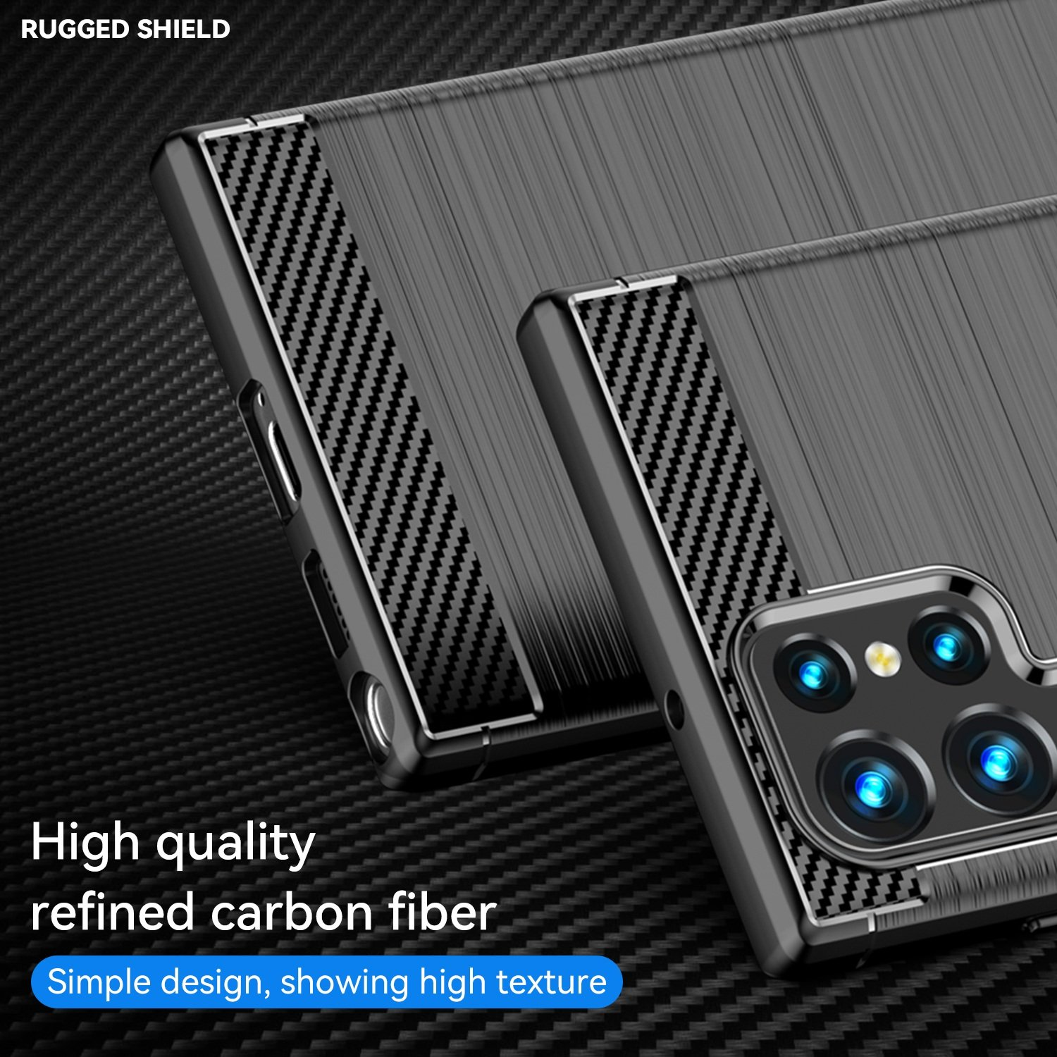 Primer plano de una funda de teléfono. Tiene una textura de fibra de carbono con un diseño de escudo resistente.