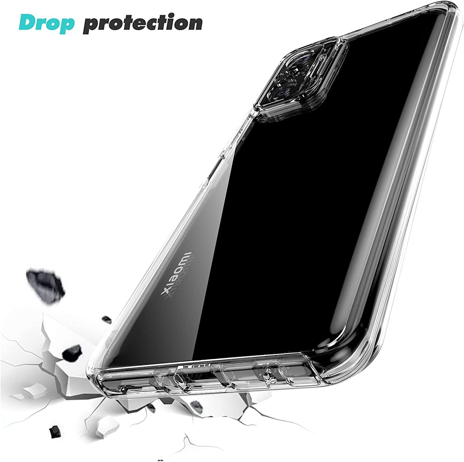 Una funda transparente protegiendo un teléfono de una caída. Texto: Protección contra caídas.