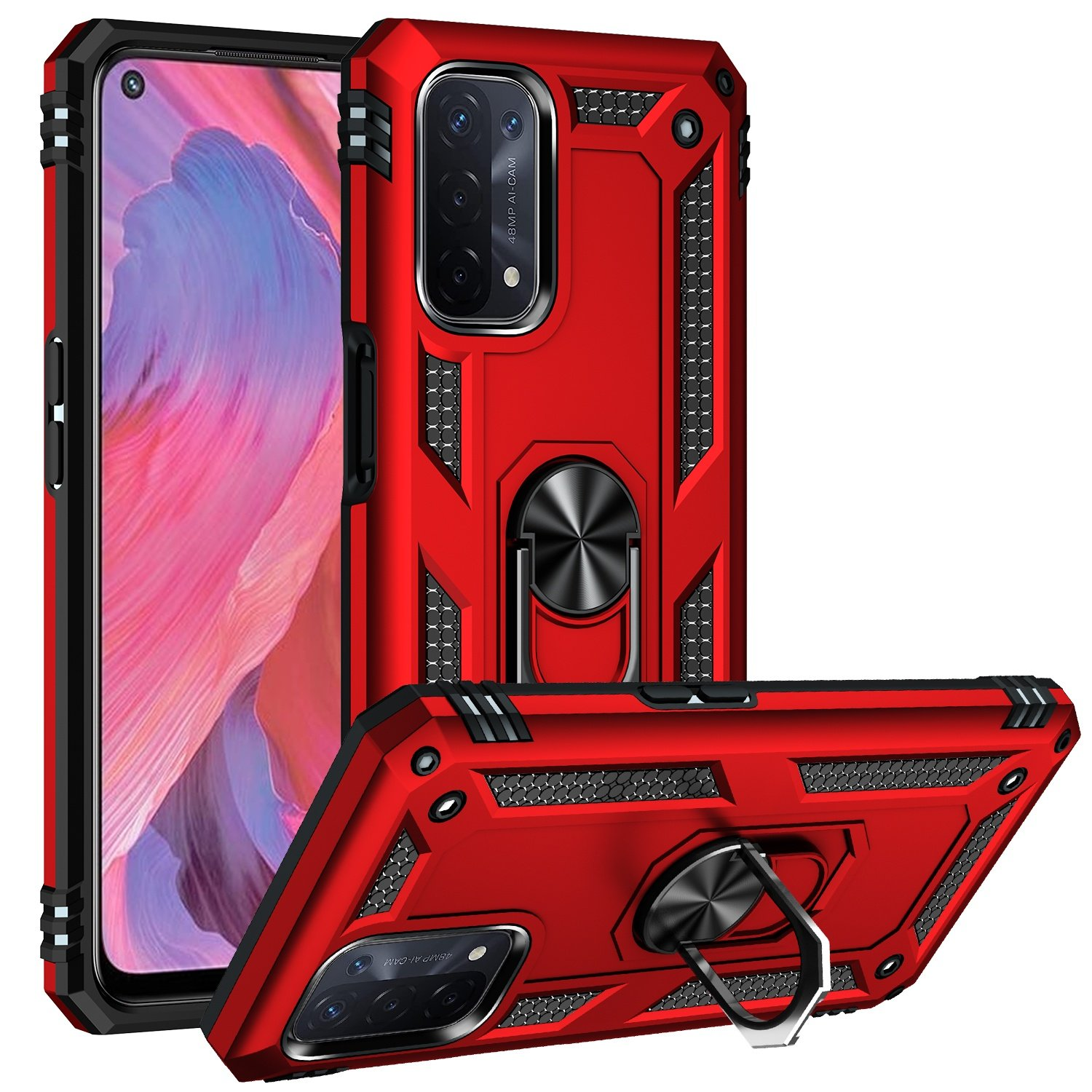 Funda roja para teléfono con soporte de anillo. El teléfono tiene cámaras en la parte trasera y es visible dentro.