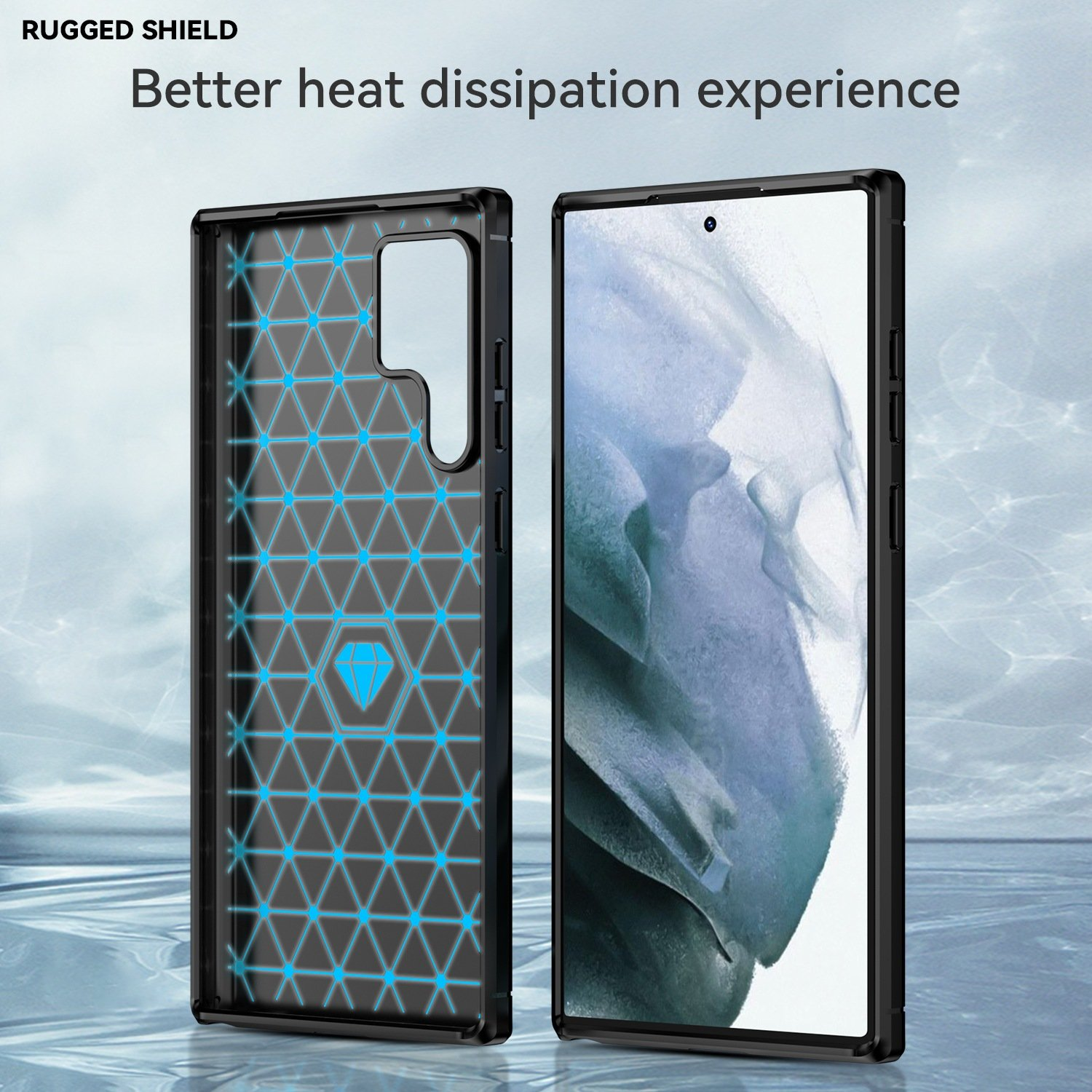 Un interior de funda de teléfono que muestra un diseño geométrico y un exterior de teléfono con mejor disipación de calor.