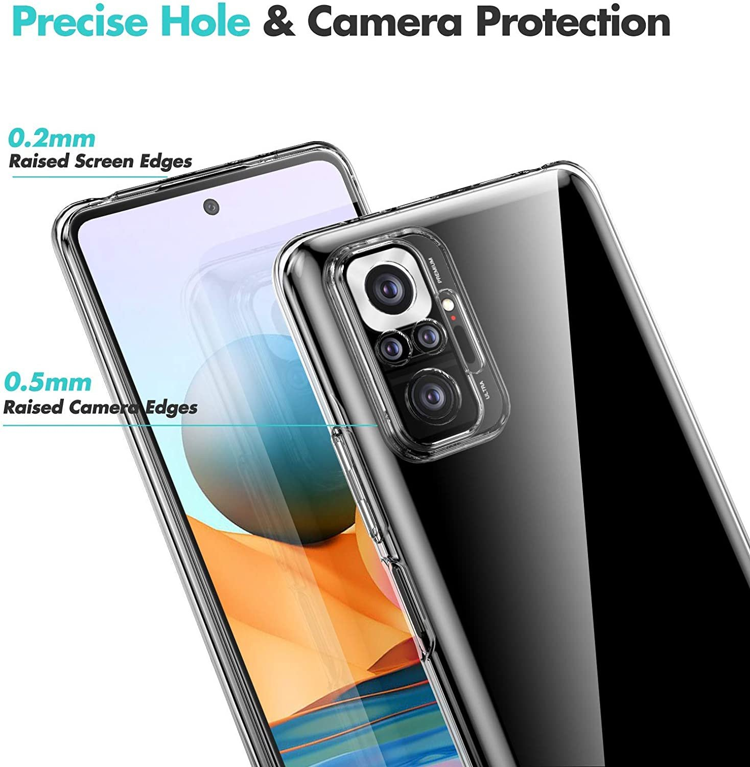 Funda transparente con bordes elevados para pantalla y cámara, para protección. El teléfono es visible.