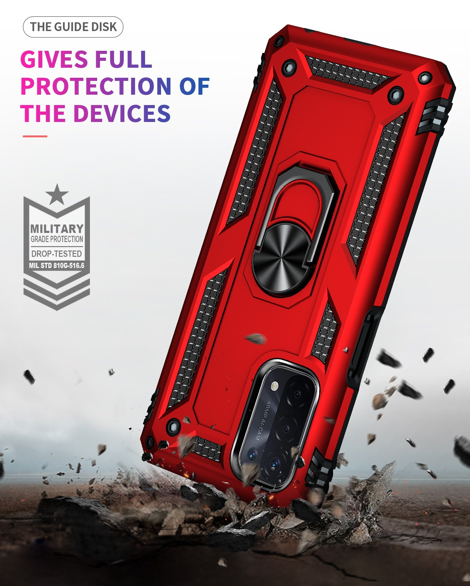 Funda roja para teléfono, en ángulo, con anillo. Fondo oscuro con texto: 'Ofrece protección completa'.