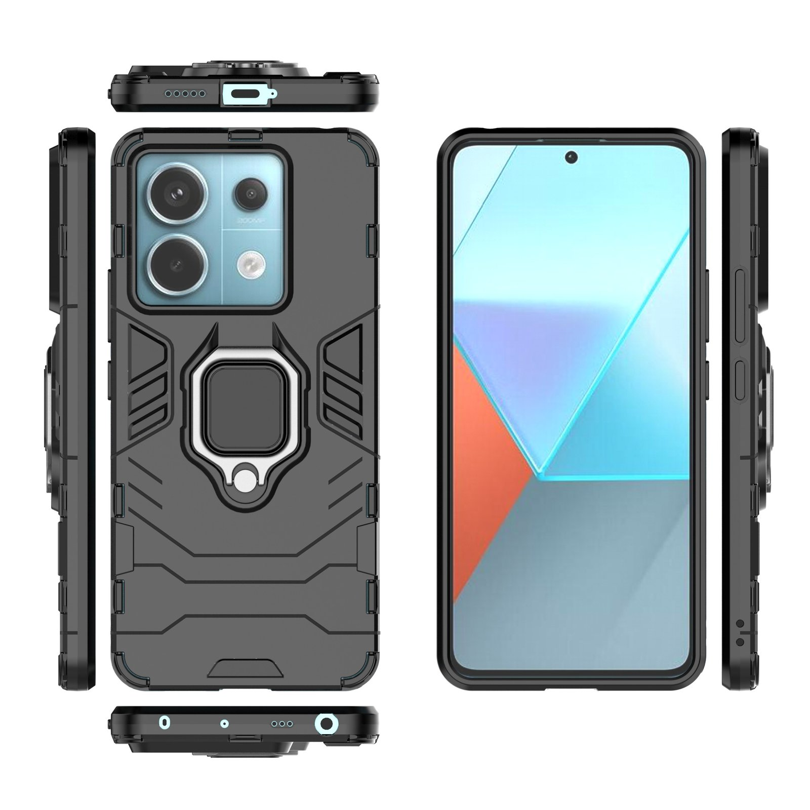 Funda negra con soporte de anillo, mostrada desde varios ángulos, con pantalla.