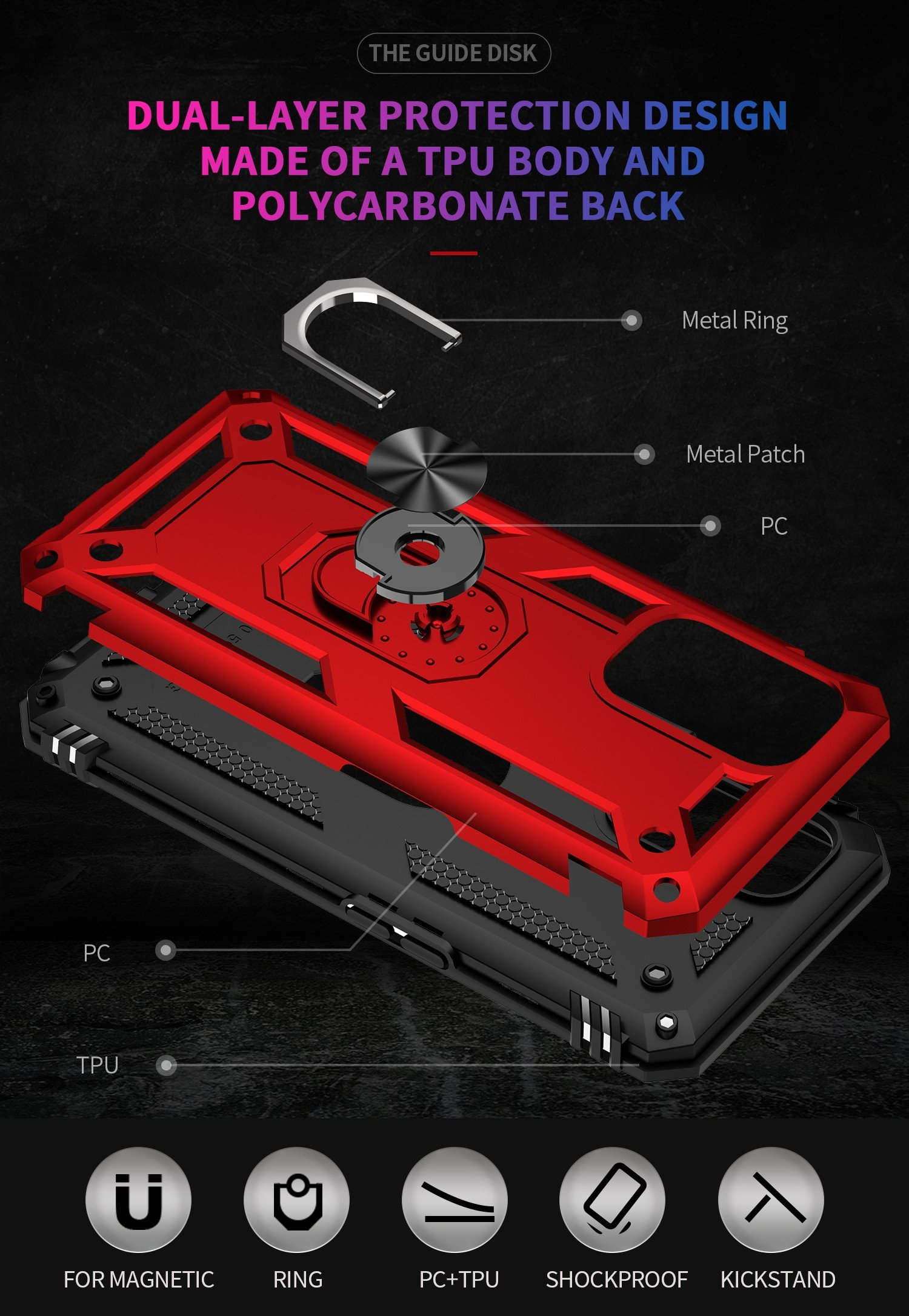 Vista explosionada de una funda de teléfono. Marco rojo con detalles negros, soporte de anillo y capas de PC/TPU.