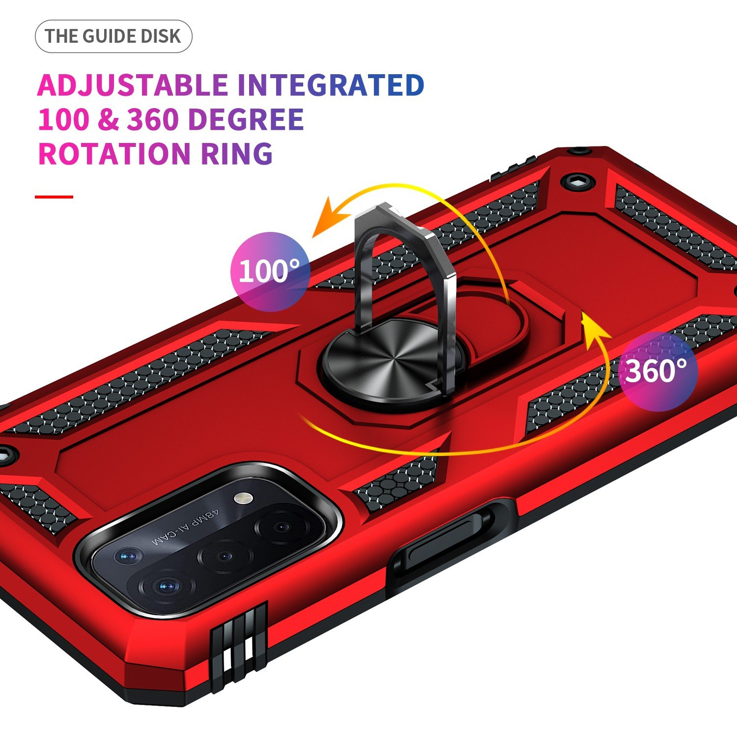 Funda roja para teléfono con soporte para anillos. El texto dice 'Anillo ajustable'.