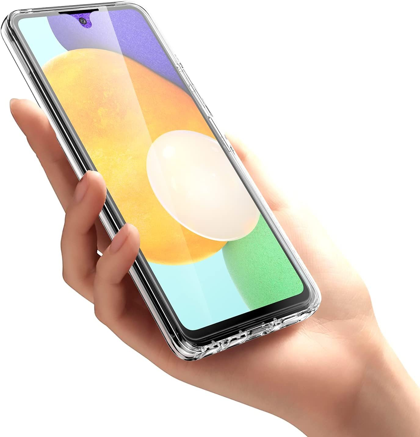 Mano sosteniendo una funda transparente con un teléfono dentro. La pantalla muestra un diseño colorido.