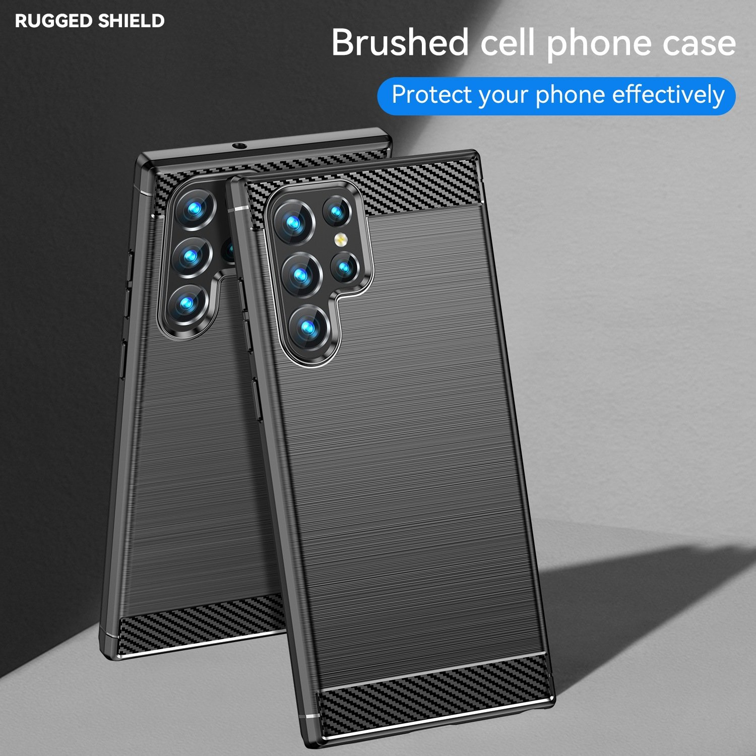 Dos fundas negras con diseño texturizado. Fondo blanco. Texto: Rugged Shield, Brushed case.