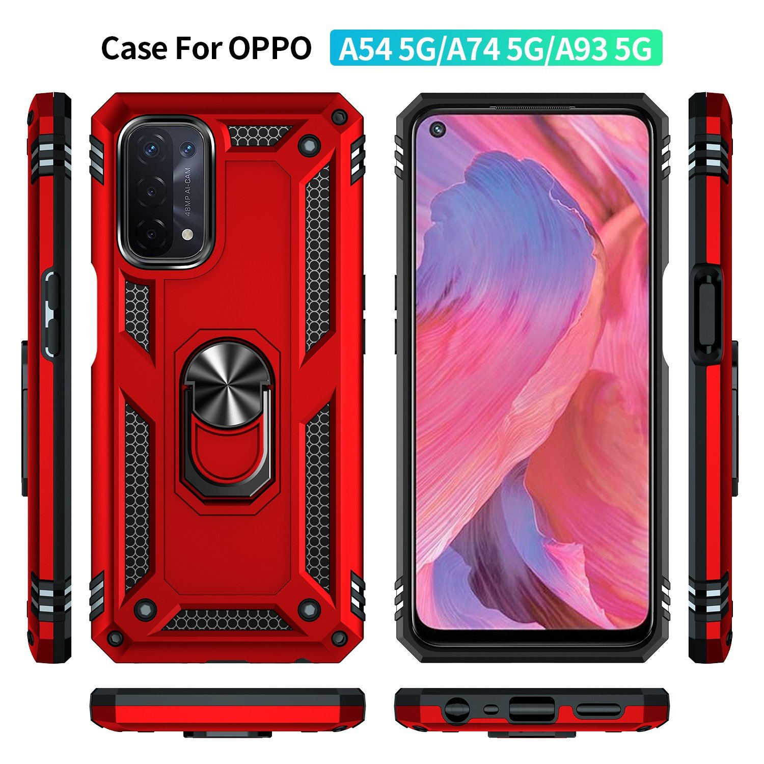 Funda roja con detalles negros. Tiene soporte de anillo y recortes de cámara. Vistas laterales y superiores.