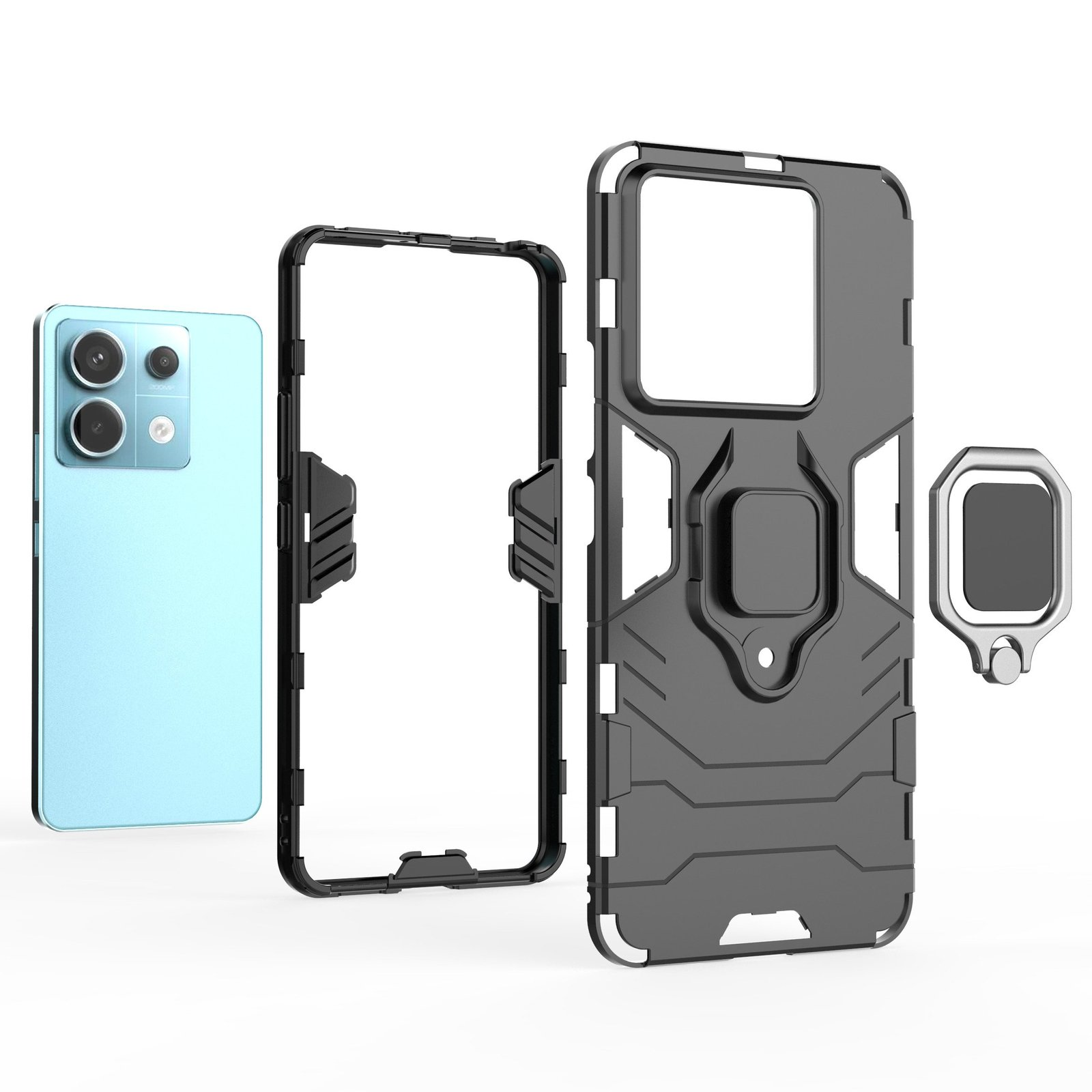 Un teléfono y su funda. Las partes están separadas. La funda es negra con soporte de anillo.