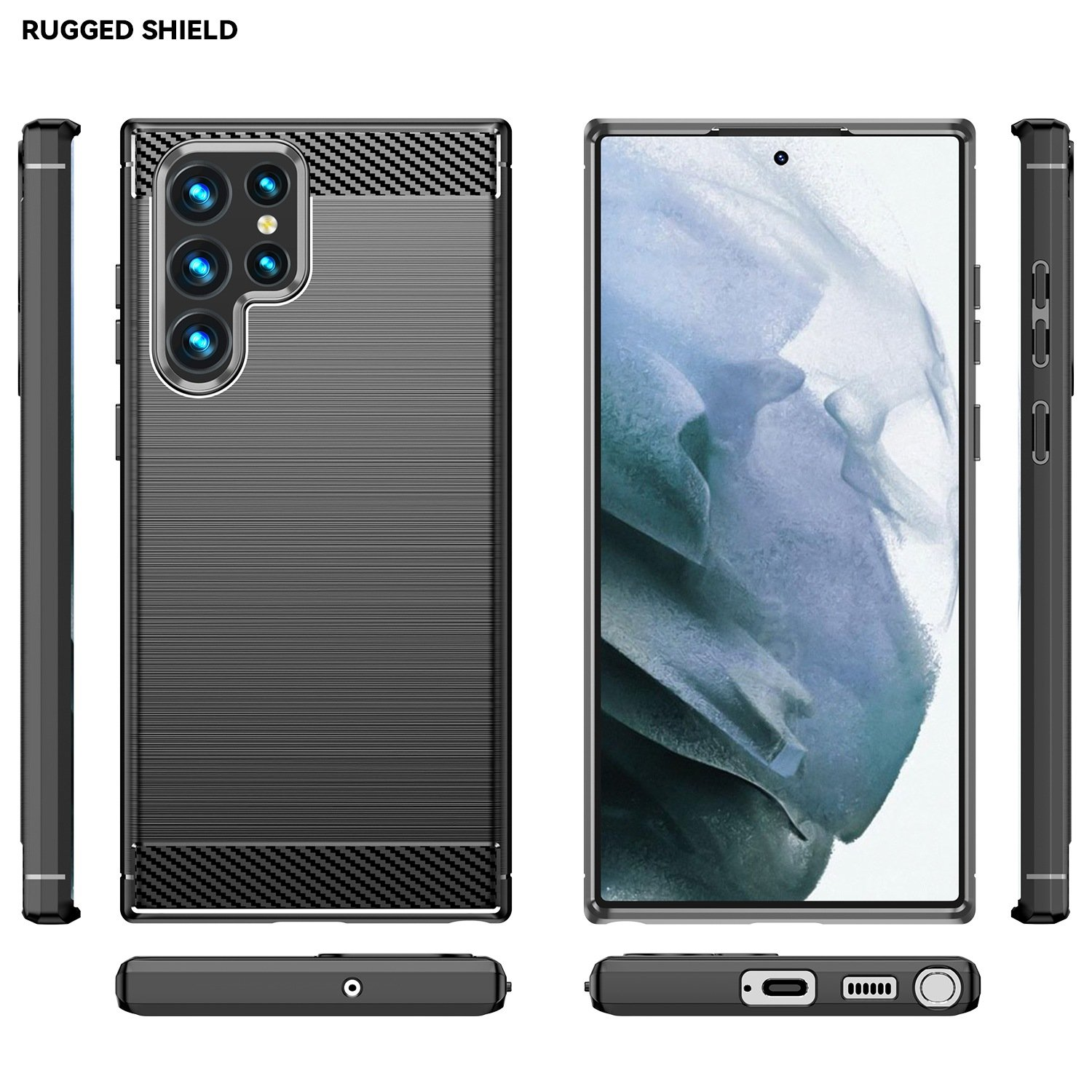 Funda negra para teléfono con textura cepillada, seis vistas. Teléfono con pantalla. Texto: Escudo resistente.