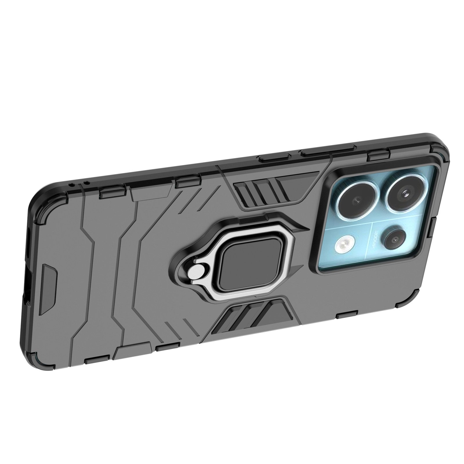 Funda gris para teléfono con anillo, detalles negros y recorte de cámara.