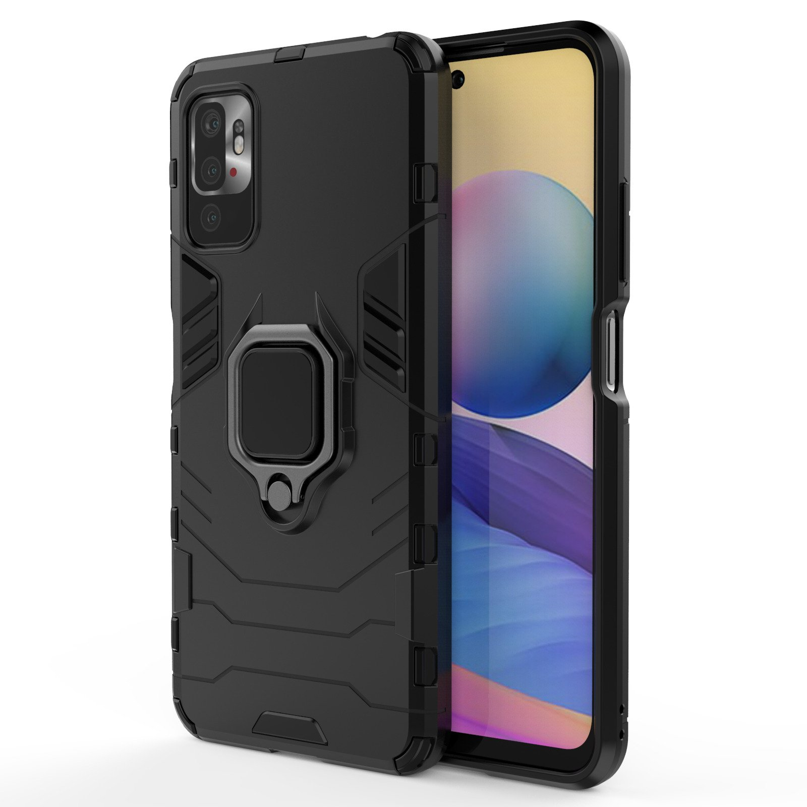 Funda negra con soporte de anillo. La funda está en un teléfono con pantalla visible.