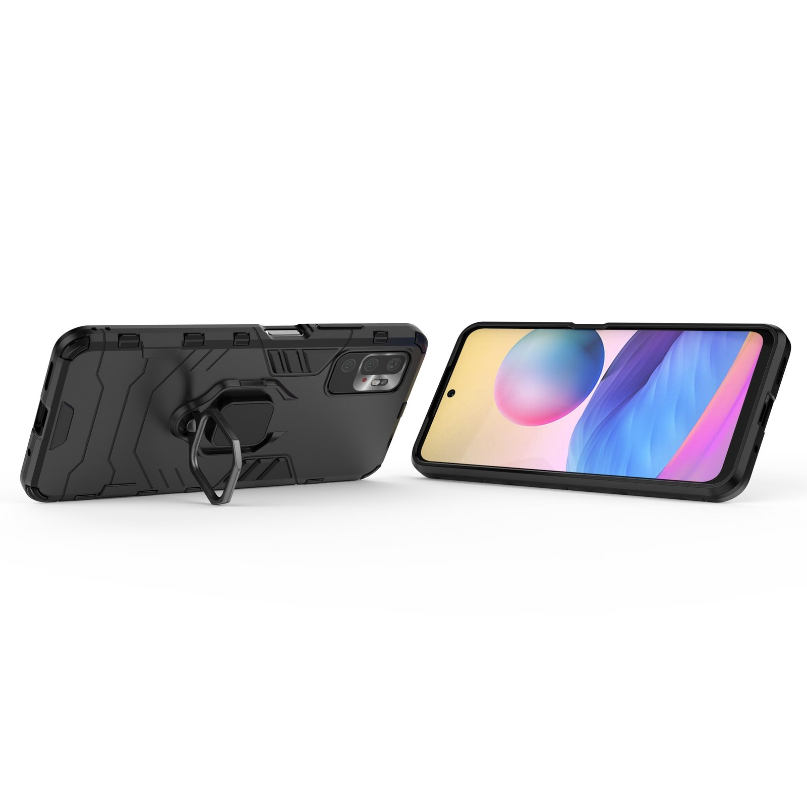 Funda de teléfono negra con soporte de anillo y teléfono con pantalla encendida, sobre fondo blanco.
