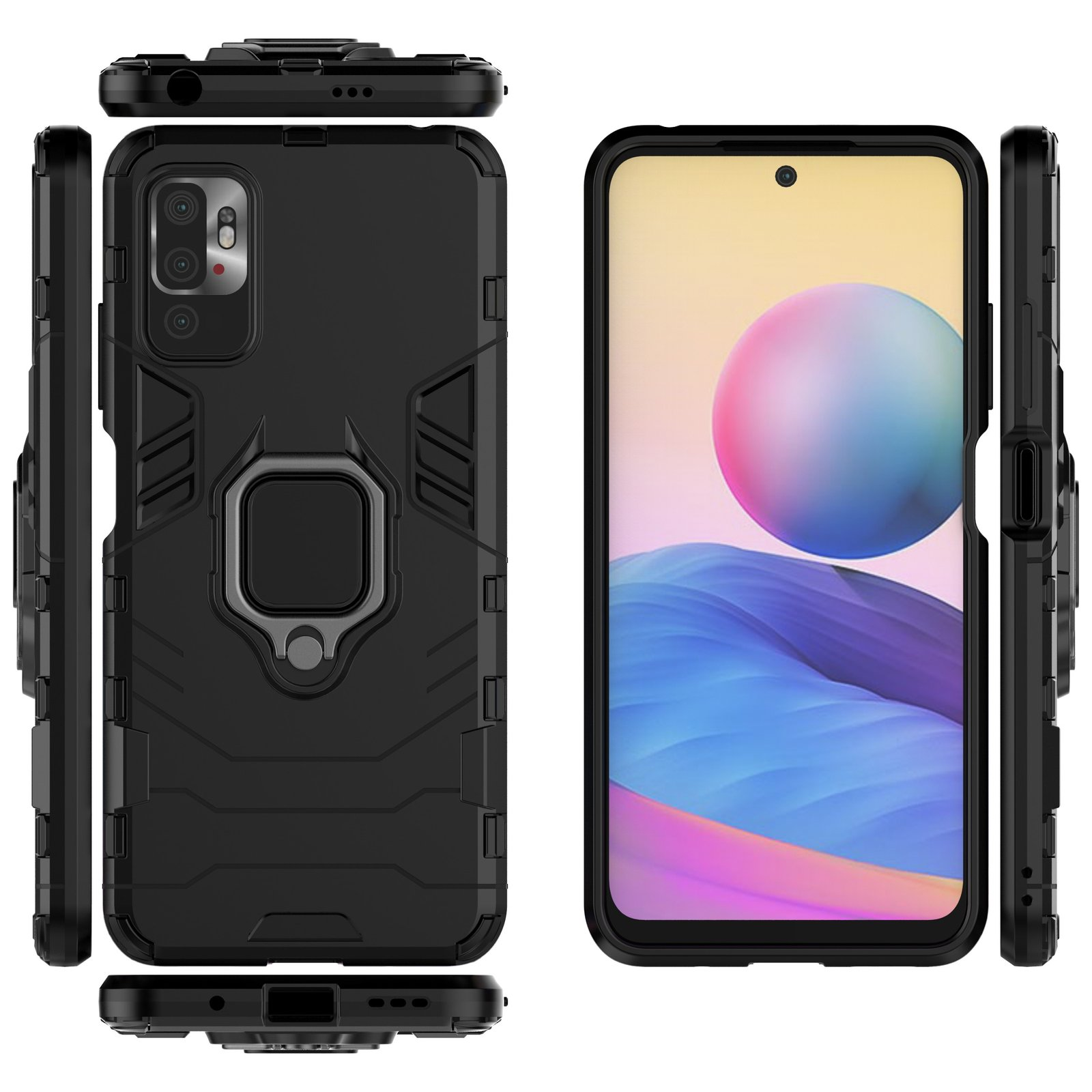 Funda negra con soporte de anillo, mostrada desde varios ángulos, con pantalla.
