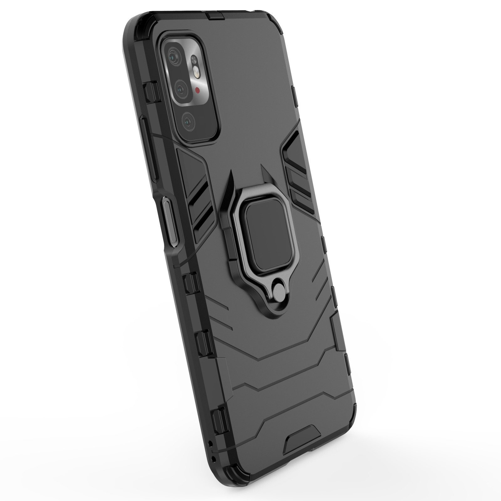 Funda de teléfono negra con soporte de anillo, teléfono visible. La superficie es blanca.