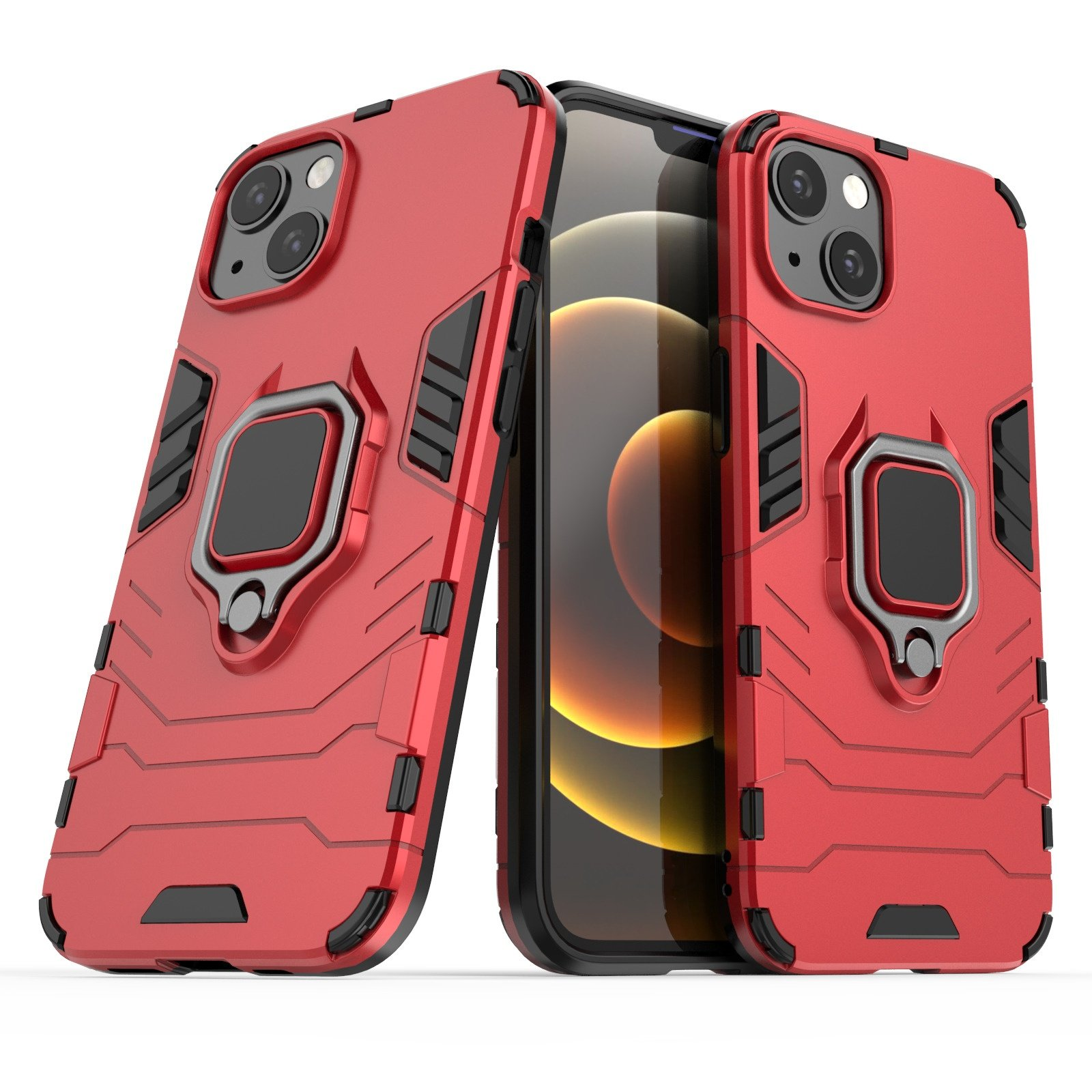 Fundas rojas para teléfono con detalles negros y soportes de anillo, con un teléfono entre ellas. Fondo blanco.