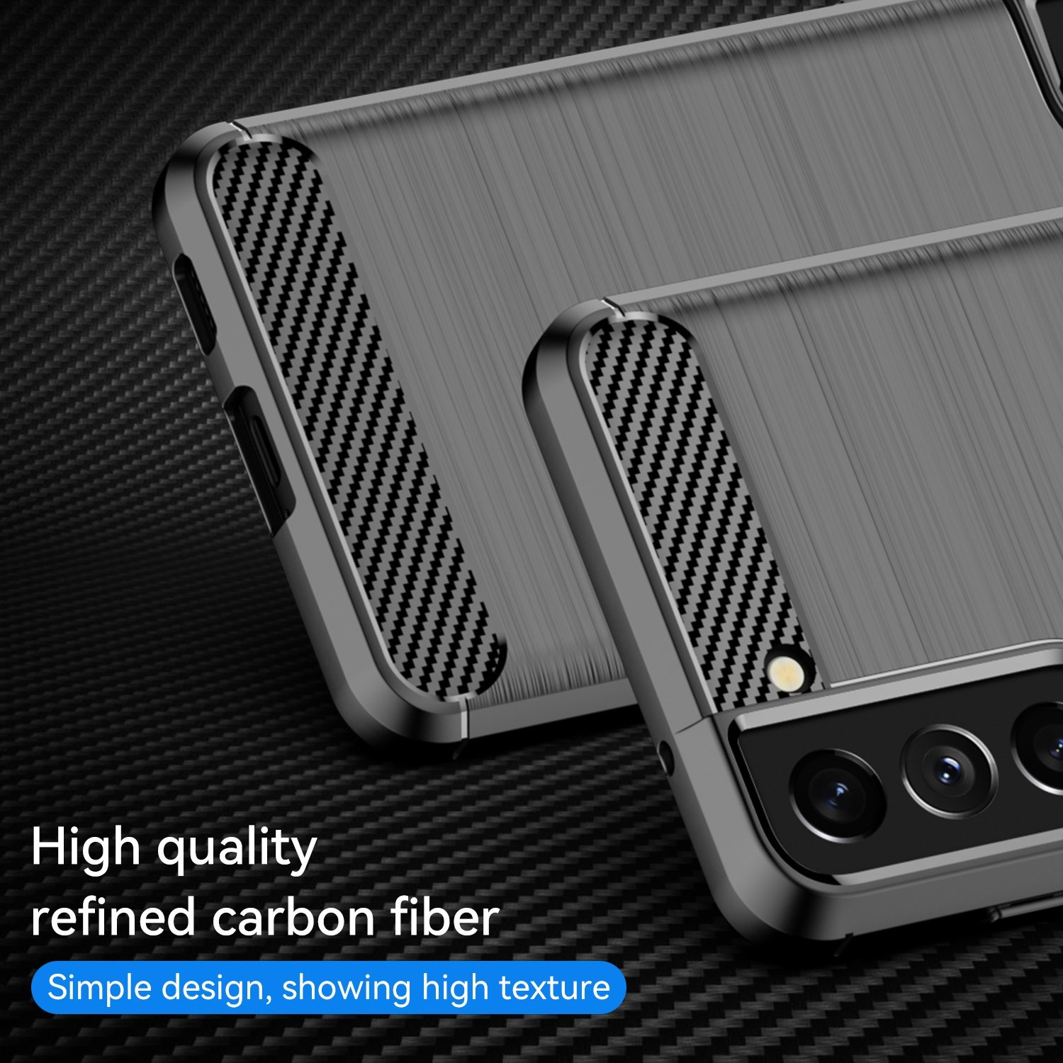 Dos fundas para teléfono, con detalles de fibra de carbono. Una muestra la parte trasera de un teléfono, la otra vacía.